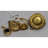 An 18ct gold and citrine ring, an 18ct gold gem set pendant , a locket and a Victorian gold and