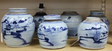 Six Chinese blue and white ginger jars with pavilion, lake and fisherman pattern, three with