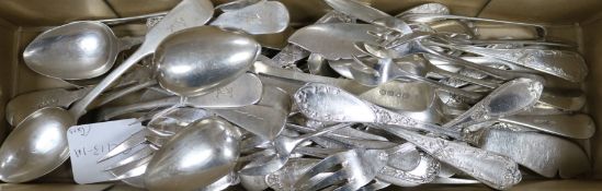A set of six George IV silver Old English pattern dessert spoons, seven other silver spoons and a