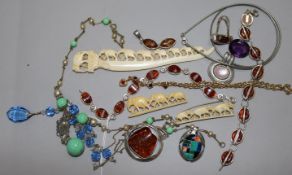 Mixed costume jewellery including amber necklace.