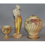 A Worcester classical figurine, blush pot and cover and small vase