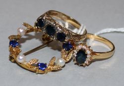 A 9ct gold, sapphire and diamond half-hoop ring, an 18ct gold, sapphire and diamond cluster ring and