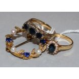 A 9ct gold, sapphire and diamond half-hoop ring, an 18ct gold, sapphire and diamond cluster ring and