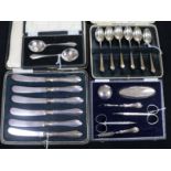 A six-piece silver-mounted manicure set, cased and three cased sets of flatware, including six