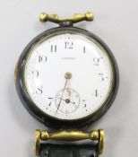 A gentleman's early 20th century gun metal Omega manual wind wrist watch, case numbered 3946677, (