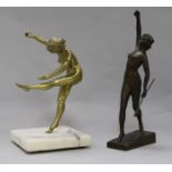 An Art Deco bronze dancer, signed Bierling and another similar brass dancer