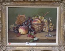 Raymond Campbell (b. 1956), oil on canvas, still life of fruit and a glass of wine, signed, 28 x