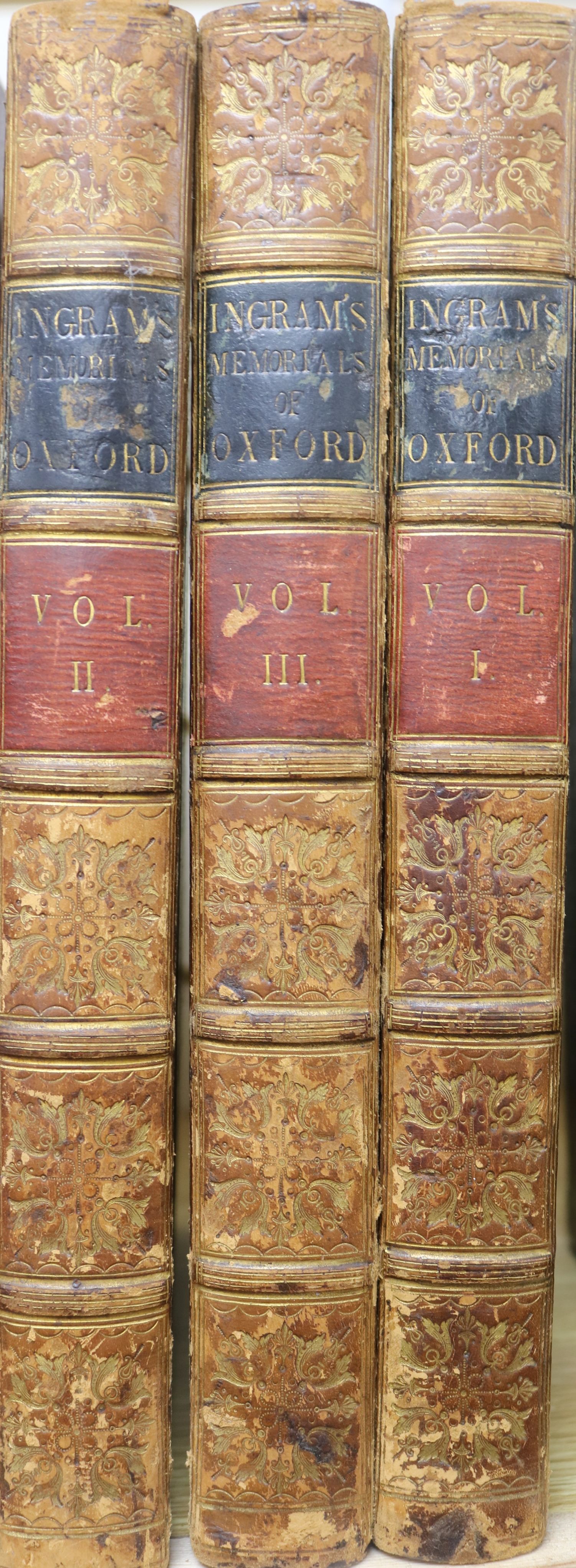 Ingram, James - Memorials of Oxford, 3 vols, quarter calf, with map and 100 plates