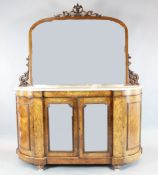 A Victorian marquetry inlaid figured walnut credenza, with arched mirrored back and white marble