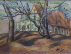 Pastel drawing, rural scene, inscribed Scheiber verso, 29 x 39cm