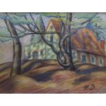 Pastel drawing, rural scene, inscribed Scheiber verso, 29 x 39cm