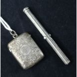 A Victorian silver combination propelling pencil/pen/penknife and a silver vesta case.