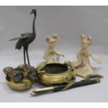 A bronze censer, a chopstick case and a pair of Tang dynasty kneeling figures