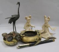 A bronze censer, a chopstick case and a pair of Tang dynasty kneeling figures