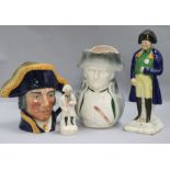 A Napoleon jug, a Royal Doulton Lord Nelson jug and two Staffordshire figures of Napoleon