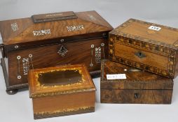 A mother of pearl inlaid tea caddy and three boxes