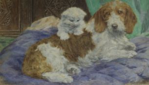 Eugenie M Valter (Exh.1882-1885) watercolour, a dog and kitten, 17 x 30cm