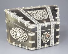 A 19th century Vizagapatam horn and engraved ivory stationery casket, with floral decoration and