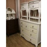 A white painted bowfronted dressing chest, a pair of bedside tables and a pair of lamps, W.110cm