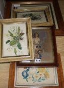 Four Victorian watercolours and one of a girl portrait print 19 x 23cm