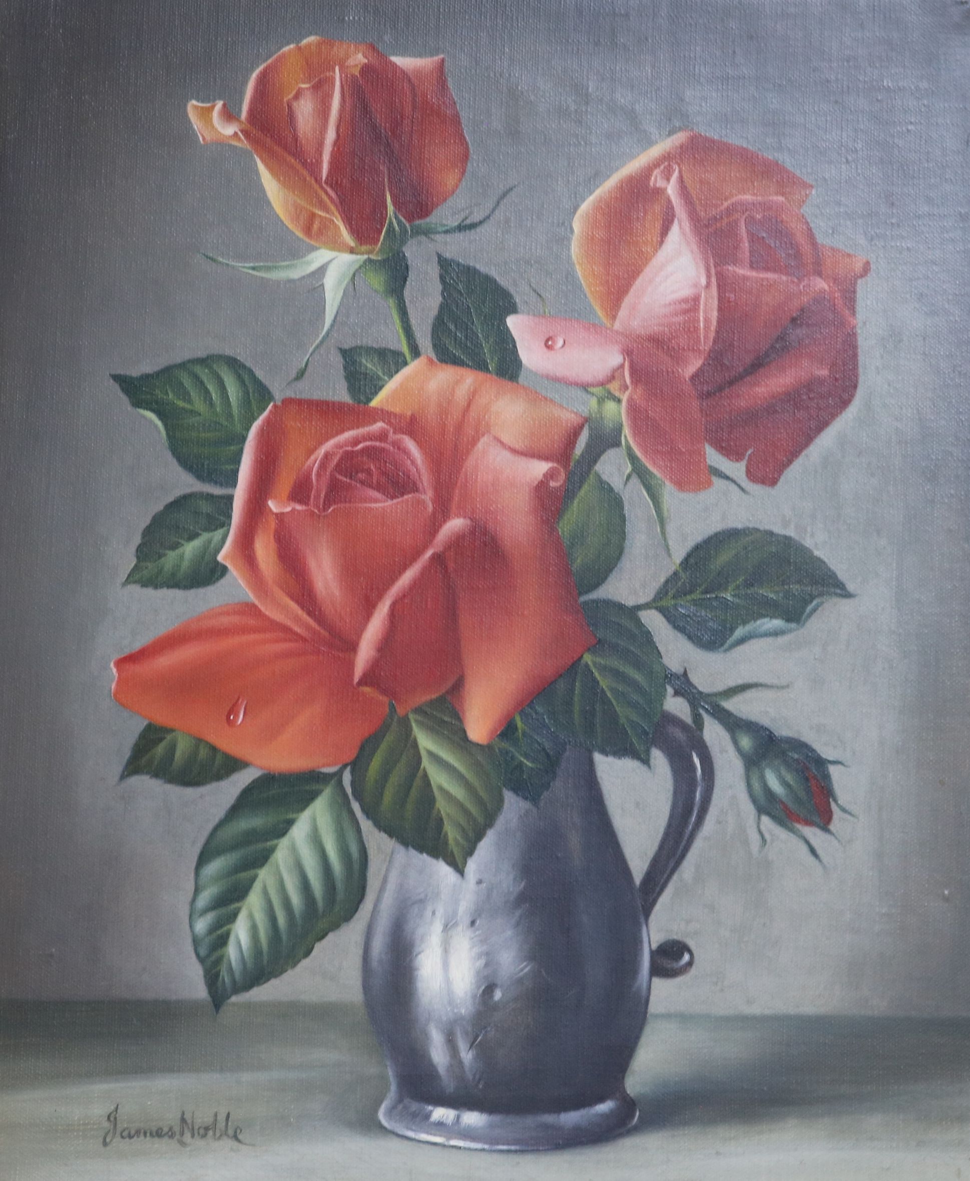 James Noble (1919-1989) oil, still life of flame roses and pewter, 29 x 25cm