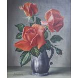 James Noble (1919-1989) oil, still life of flame roses and pewter, 29 x 25cm