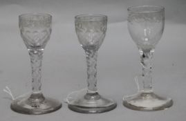 Three engraved cordial glasses, c.1785, two initialled WD