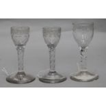 Three engraved cordial glasses, c.1785, two initialled WD