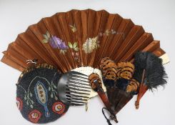 A 1940's beaded evening bag, two feather fans, tortoiseshell hair slide/comb and a silk fan