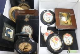 Two portrait miniatures and a quantity of frames containing prints