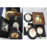 Two portrait miniatures and a quantity of frames containing prints