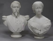 A pair of Gille Jeune biscuit porcelain busts of Empress Eugenie and Louis Napoleon, c.1865