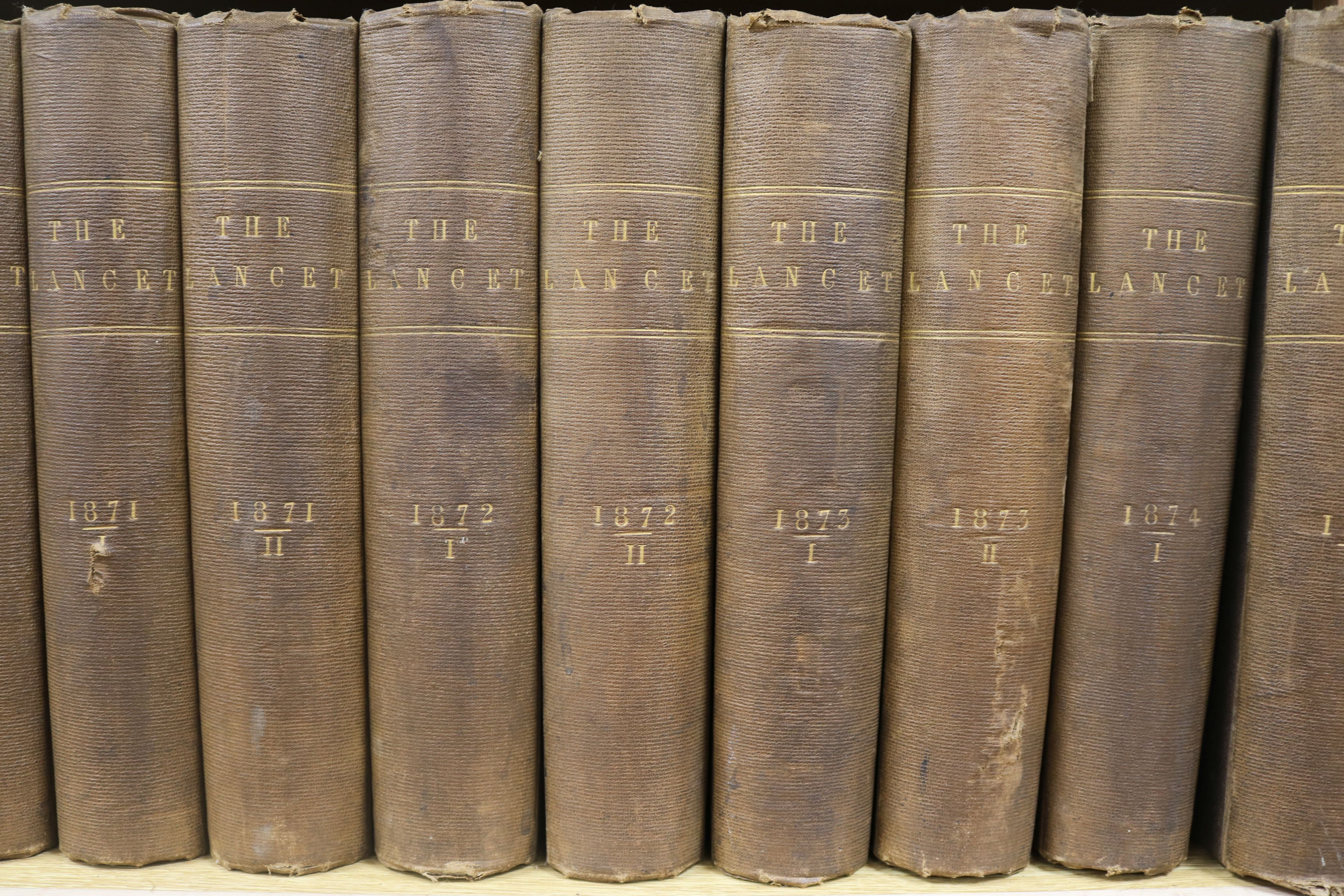 The Lancet, 22 vols, quarto cloth, London 1869-1880