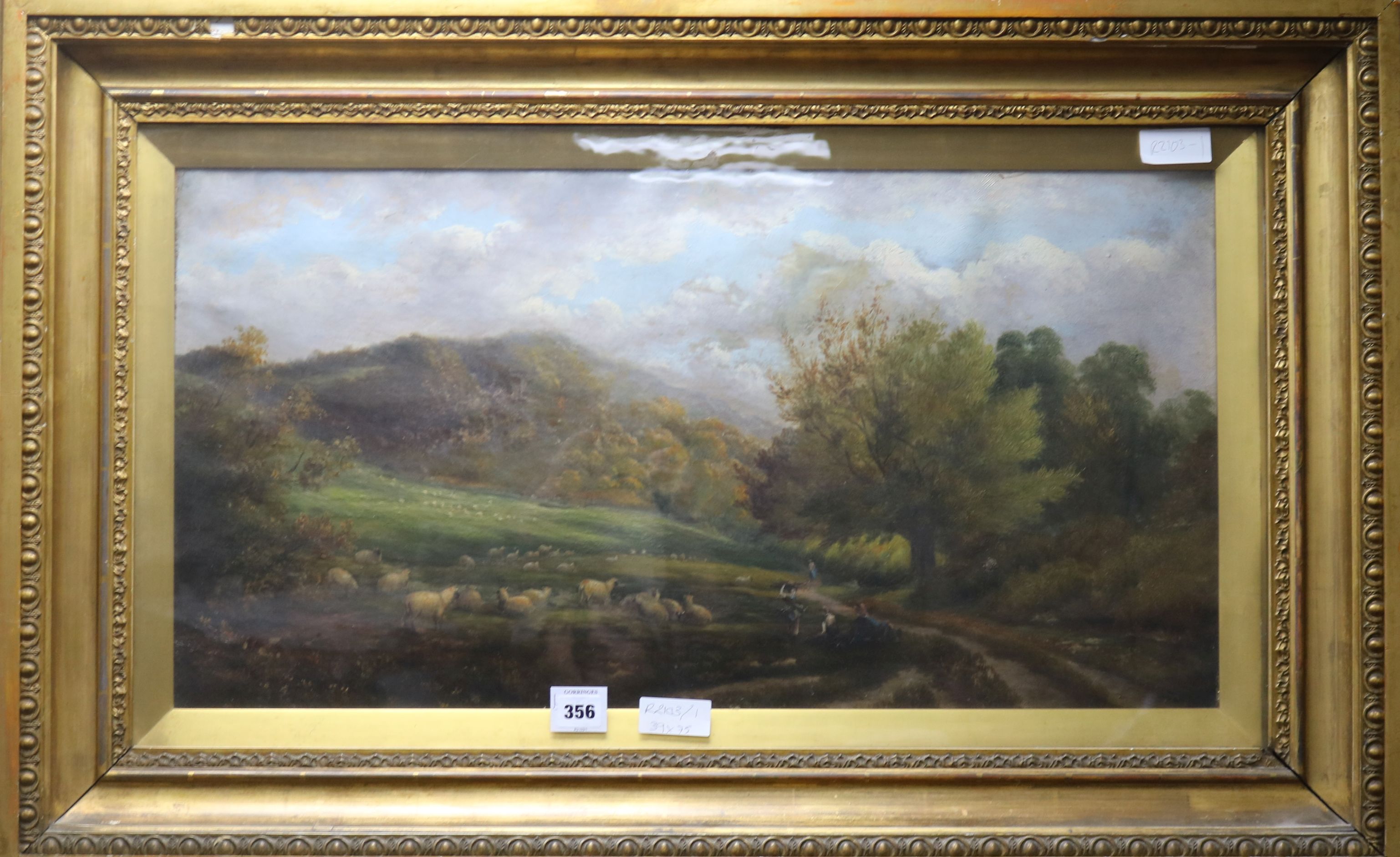 J E Meadows, oil on canvas, sheep in a landscape, 40 x 75cm