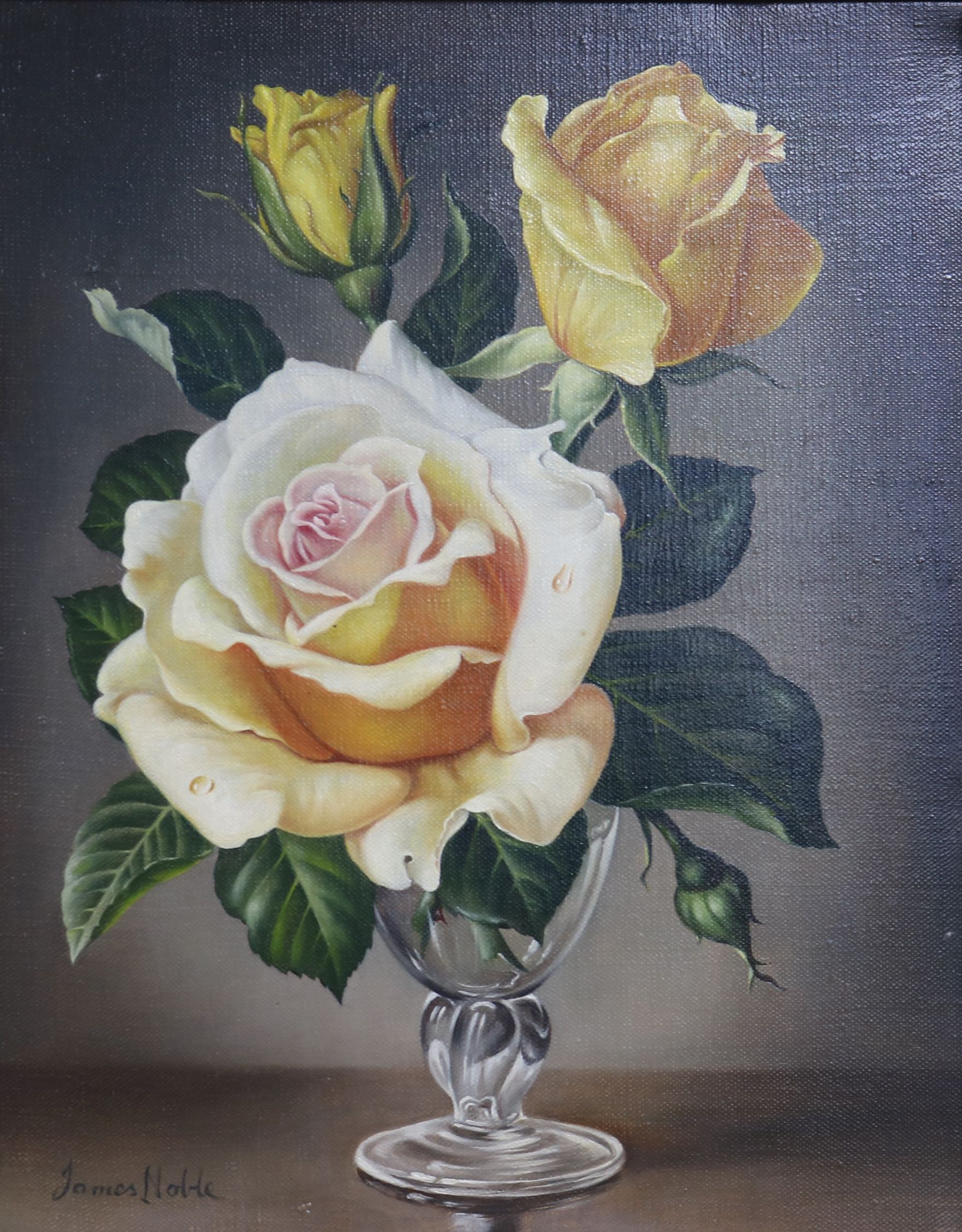 James Noble (1919-1989) oil, Pink tinged gold rose, 24.5 x 19.5cm