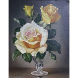 James Noble (1919-1989) oil, Pink tinged gold rose, 24.5 x 19.5cm