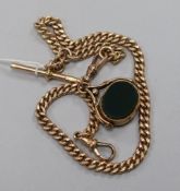 A 9ct gold albert with 9ct gold, bloodstone and chalcedony spinning fob.