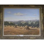 David Morgan (b. 1964), oil on canvas, harvest landscape with corn stacks, signed, 45 x 59.5cm