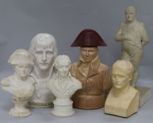 A tinglaze pottery bust of Napoleon Bonaparte, a biscuit bust of Nelson? four composition busts