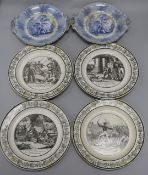 Four Choissy 'Napoleon Campaigns' creamware plates and two blue and white Washington's Tomb tureen