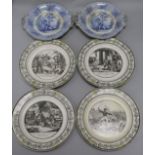 Four Choissy 'Napoleon Campaigns' creamware plates and two blue and white Washington's Tomb tureen