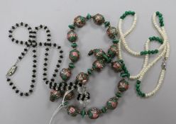 A Murano glass bead necklace and two other 1940's necklaces including malachite.