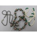 A Murano glass bead necklace and two other 1940's necklaces including malachite.