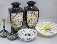 A pair of Doulton vases, Imari bowl, two Japanese vases and creamware baskets etc