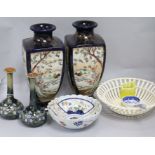 A pair of Doulton vases, Imari bowl, two Japanese vases and creamware baskets etc