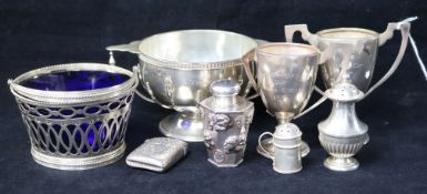Three small silver trophy cups, a Dutch silver sugar basket and four other items including a Chinese