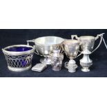 Three small silver trophy cups, a Dutch silver sugar basket and four other items including a Chinese