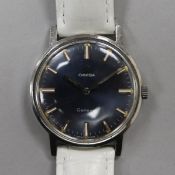 A gentleman's early 1970's stainless steel Omega manual wind wrist watch with blue dial.