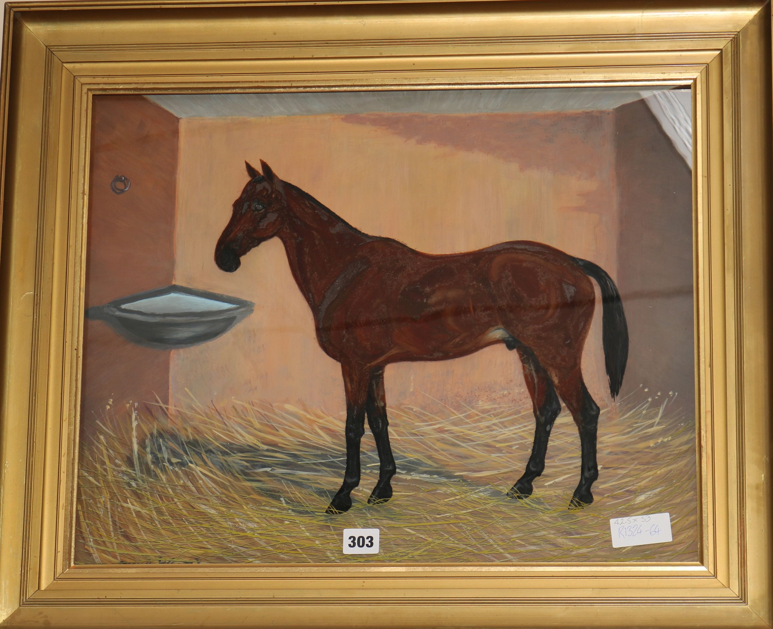A reverse painted glass picture of a horse in a stable, by Timothy Whitby, 42.5 x 53cm