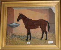 A reverse painted glass picture of a horse in a stable, by Timothy Whitby, 42.5 x 53cm